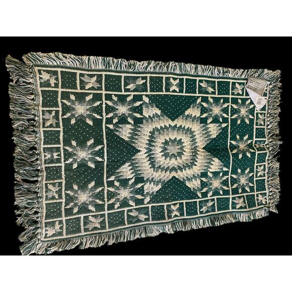 Green White Rug Scatter Dhurrie Star Quilt Pattern Amish Country Look 22"x38" - Picture 9 of 12
